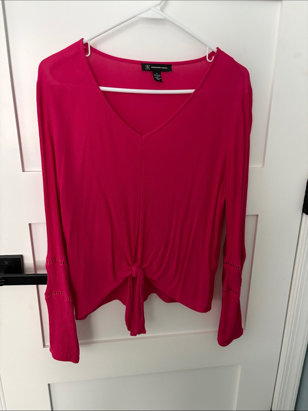 INC International Concepts Hot Pink Long-Sleeve V-Neck Tie-Front Top
